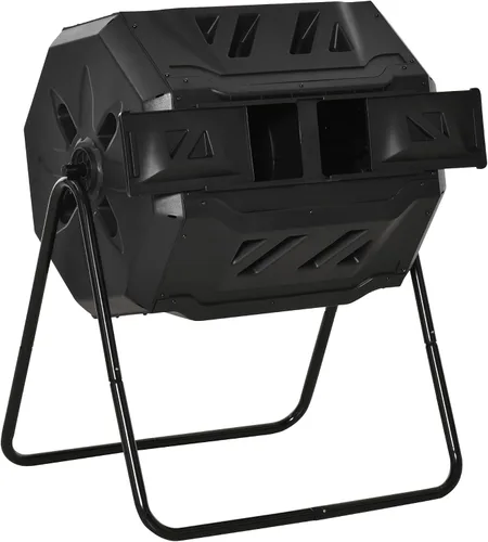 Vista 8 de Contenedor de compostaje para exteriores, 43 galones de doble cámara con puertas correderas, vaso de compostaje grande, contenedor de abono