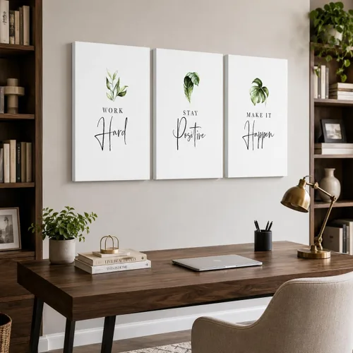 Vista 80 de Arte de pared inspirador de 3 piezas, imagen de refranes de plantas blancas, citas de trabajo y estadía, impresiones en lienzo para decoración