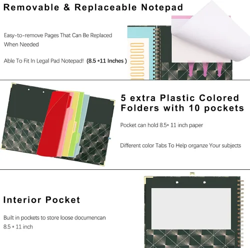Vista 5 de Portapapeles Portafolio con Bloc de Notas Recargable, Carpeta de Portapapeles de Tapa Dura en Espiral, 5 Separadores, Portapapeles de Almacenamiento