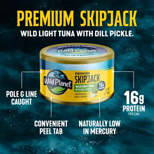 Vista 4 de Wild Planet Wild Skipjack Atún con pepinillos de eneldo, lata de 3 onzas, paquete de 12