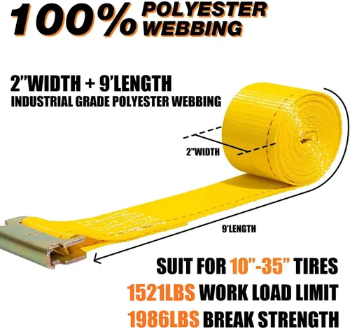 Vista 2 de Kit de amarre para rueda (4 unidades, 4500 libras), resistencia a la rotura 2Pack 2in x 9ft Heavy Duty Trailer Tire Ratchet Straps E Track