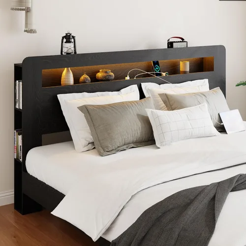 Vista 4 de Marco de Cama de Madera Tamaño Full con Cabecera de Almacenamiento, Marco de Cama de Plataforma Estilo Granja con Estante de Librería y Luces LED