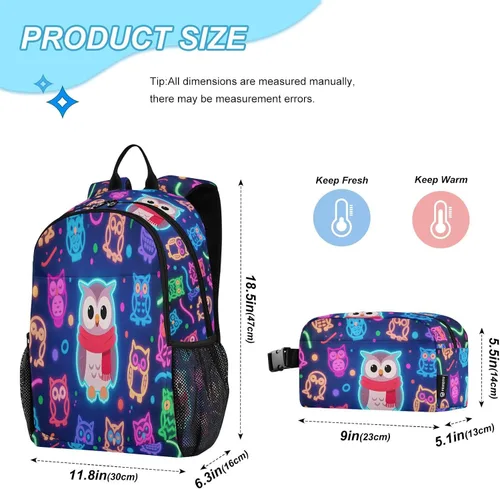 Vista 2 de Neon Owl Colorful Dark Blue Book Bags Para Niños Con Bolsa De Almuerzo Mochila Escolar Niños Con Lonchera 9-10 años mochilas y loncheras escolares