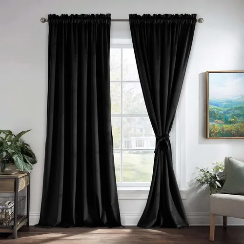 Vista 127 de JIUZHEN Cortinas de terciopelo beige de 63 pulgadas de ancho x 63 pulgadas de largo, cortinas de terciopelo retro suaves con bolsillo para barra