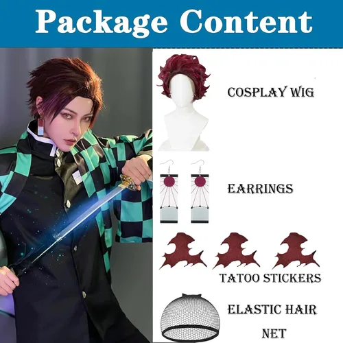 Vista 4 de Tanjiro - Peluca de cosplay Demon Slayer con aretes marcados Kimetsu No Yaiba, peluca de anime negro y rojo con gorra de peluca, peluca de cosplay