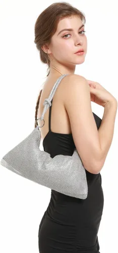 Vista 5 de UMREN Bolsos Hobo con diamantes de imitación para mujer, elegante bolso de noche de cristal brillante para fiesta, club, boda
