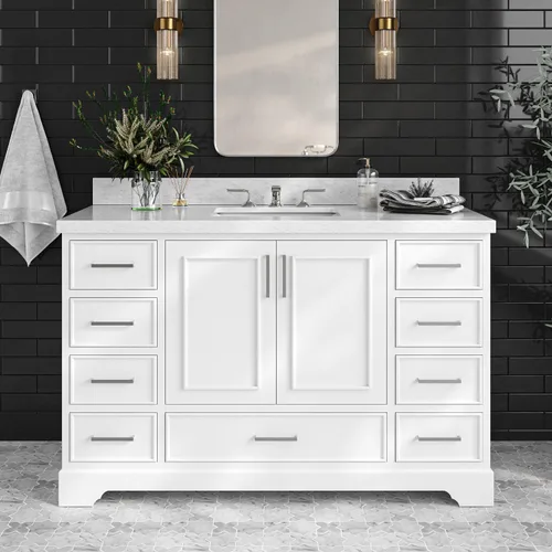 Vista 16 de ARIEL Hamlet - Mueble de baño de 54 pulgadas con fregadero, madera maciza, encimera de mármol italiano de Carrara de 1.5 pulgadas, fregadero