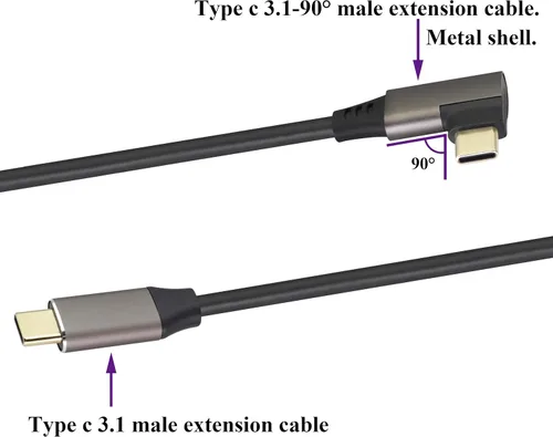 Vista 3 de Cable USB C a USB C 3.1 Gen 2 en ángulo recto de 10 Gbps USB 3.1 tipo C macho a macho, cable de extensión de carga rápida compatible con Google