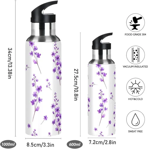 Vista 2 de Purple Flowers Leaves Stainless Steel Water Bottle 20 Oz Leakproof Water Bottles, BPA-Free Sports Water Bottle with Straw