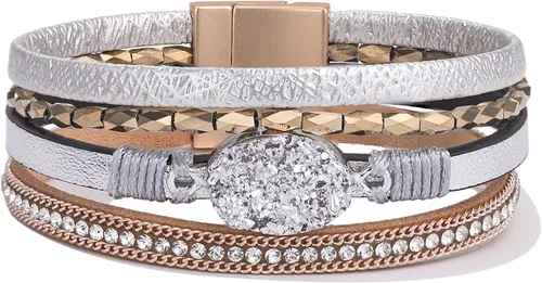 Vista 294 de FANCY SHINY - Pulsera de cuero estilo bohemio, pulsera de cuentas de cristal con cierre magnético, regalos de joyería para mujer
