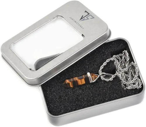 Vista 3 de Collar con colgante de chakra de Reiki con piedra preciosa de ojo de tigre amarillo natural, caja de regalo de hierro de alta calidad de 20 pulgadas