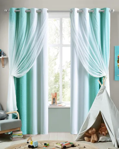 Vista 22 de Cortinas 100% opacas con superposición de gasa Mix and Match de doble capa, 54 pulgadas de largo, 2 paneles para dormitorio y sala de estar, azul