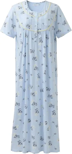 Vista 13 de Keyocean - Camisón de manga corta para mujer, 100 % algodón, suave, cómodo, ligero, con encaje, para verano, ropa de dormir Floral azul