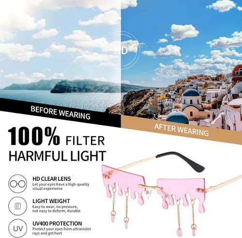 Vista 5 de Kepoita Gafas de sol sin montura para mujer, con borlas, para fiesta de Halloween, rave, divertidas, sin marco, lentes irregulares, Rosado