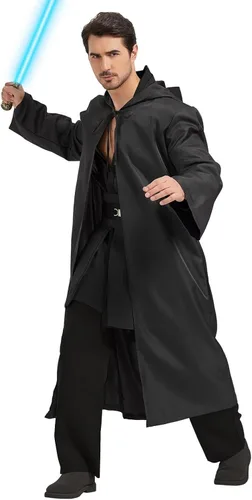 Vista 6 de Disfraz de caballero para hombre, túnica con capucha para Halloween, cosplay Negro