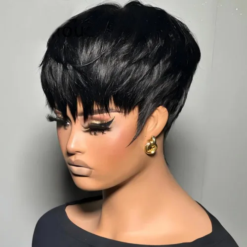 Vista 9 de Peluca de cabello humano corto con encaje frontal para mujeres negras, peluca de corte Pixie, peluca de encaje previamente despuntada en T