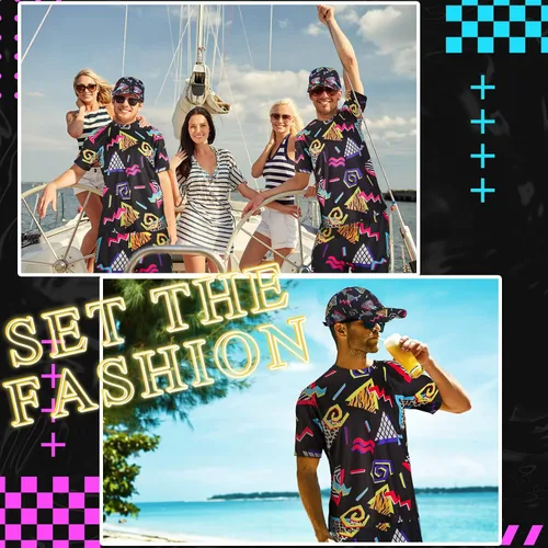 Vista 7 de Handepo Conjunto retro de los años 80 y 90 para hombre, 2 piezas, camiseta hippie y pantalón corto con sombrero para disfraz de fiesta de discoteca