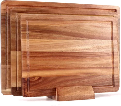 Vista 8 de Tabla de cortar de madera de acacia para cocina, tabla de cortar de madera con mango lateral y ranura para jugo, tabla de tallar de 15 x 11