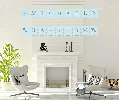 Vista 4 de Andaz Press Colección de bautismo de niño azul y gris, banderín colgante personalizado con cuerda, agradecimiento por celebrar el bautismo