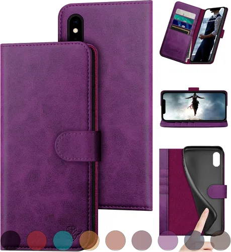 Vista 8 de DuckSky Funda tipo cartera de piel auténtica para iPhone Xs Max [bloqueo RFID] 【4 tarjeteros de crédito】【Cuero auténtico】 Funda protectora para Caqui