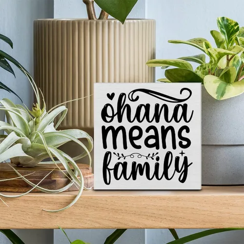 Vista 3 de Letrero decorativo de madera para la familia, placa de bloque de madera Ohana Means Family, decoración rústica para estante o exhibición de pared