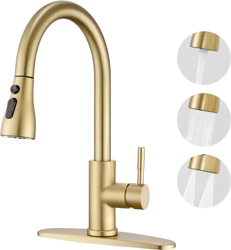Vista 12 de GAGALIFE Grifos de cocina con rociador desplegable – Grifo de fregadero de cocina con hoja de alta presión, níquel cepillado de arco alto, mango
