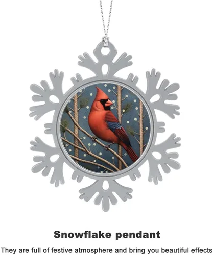 Vista 3 de El cardenal rojo se sienta en una rama de pino en el invierno, adornos de Navidad de copo de nieve de metal, patrón de pájaro cardenal, regalo