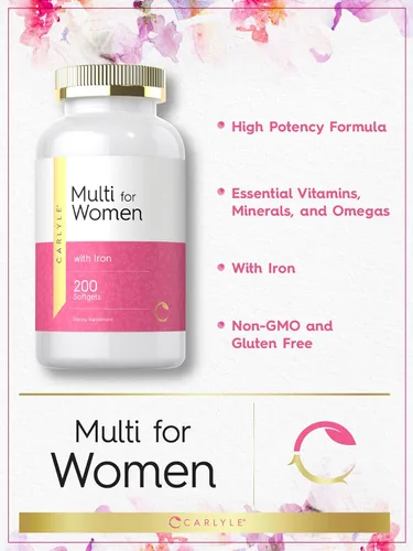 Vista 3 de Carlyle Multivitamínico para mujeres con hierro 200 cápsulas blandas Vitaminas esenciales, minerales y omegas Suplemento de apoyo nutricional