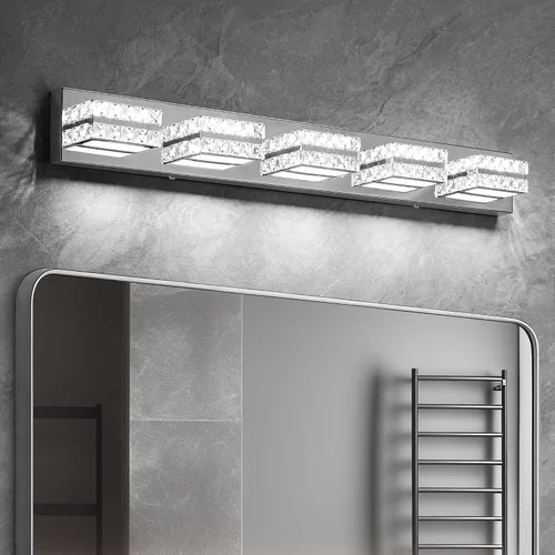 Vista 15 de OKELI Lámpara de tocador de cristal para baño, moderna lámpara LED de tocador para baño, lámpara frontal de espejo de cristal de 3 luces, 6000 K