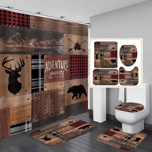 Vista 9 de Juego de 4 cortinas de ducha de cabaña, diseño de pez lubino salta del lago para comer, libélula barco, camuflaje, bosque verde, bosque, casa