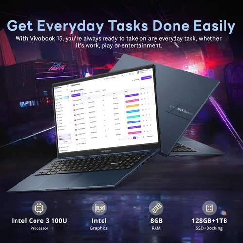 Vista 3 de ASUS Vivobook - Laptop empresarial FHD de 15.6 pulgadas, Intel Core 3 100U, 8 GB DDR5, almacenamiento de 1.12 TB