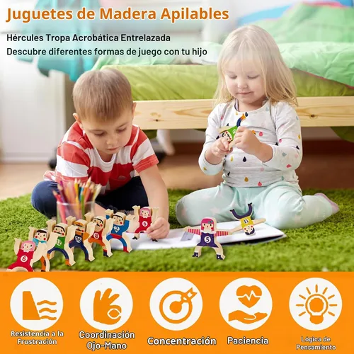 Vista 5 de HELLO PAPAYA Juguetes apilables de madera, 16 piezas, juego de bloques de construcción de equilibrio, Circus Hercules Acrobatic Troupe Interlock