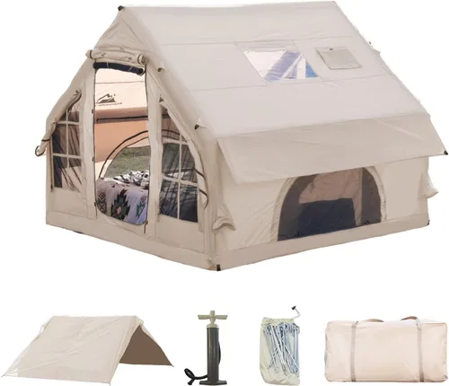 Vista 13 de Tienda de campaña inflable para campamento, instalación rápida con bomba, tienda de campaña Oxford impermeable de 4 estaciones con tragaluz, tienda