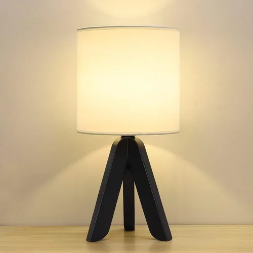 Vista 8 de HAITRAL Lámpara de Mesa de Trípode de Madera con Base Marrón, Pequeña Lámpara de Mesa Lámpara de Mesita de Noche con Pantalla de Tela de Lino