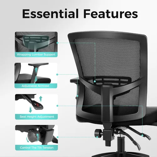 Vista 7 de ALPHA HOME Silla de oficina ergonómica, silla de computadora de malla con respaldo medio con soporte lumbar, taburete ejecutivo con reposabrazos