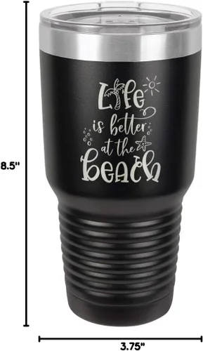 Vista 10 de La vida es mejor en la playa, vaso grabado de 76 ml con paja y tapa superior deslizante de acero inoxidable taza de viaje de acero inoxidable
