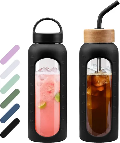 Vista 7 de WINSA - Botella de agua de vidrio de 24 onzas, vaso de vidrio con popote, botellas reutilizables con 2 tapas - Tapa con asa y tapa de bambú
