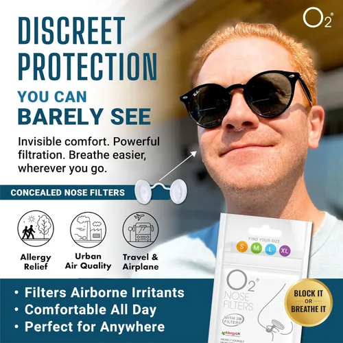 Vista 2 de Filtros de nariz O2 con filtración 3M, pantallas nasales para alergias, polvo y humo, filtros nasales sin drogas y sin látex, protección invisible