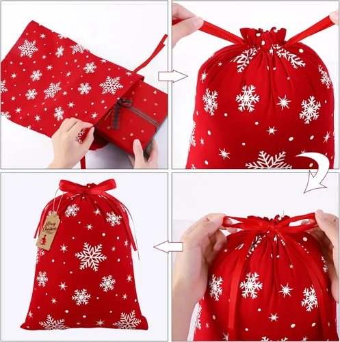 Vista 4 de MIMIND 6 bolsas de regalo de Navidad con cordón, tela de algodón rojo y blanco, bolsas de regalo de Navidad, bolsas reutilizables para fiestas