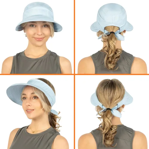 Vista 4 de SUN CUBE Sombrero de sol para mujer para protección UV al aire libre, sombrero de sol de ala ancha, cola de caballo, sombrero de playa convertible