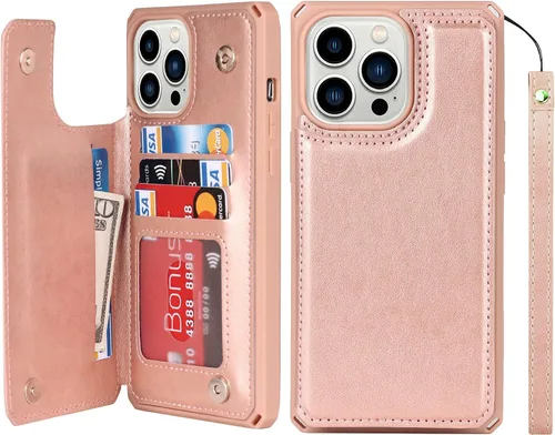 Vista 18 de iCoverCase Funda de billetera compatible con iPhone 13 Pro Max con tarjetero para mujer, cuero PU en relieve con bloqueo RFID y correa de muñeca