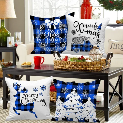 Vista 4 de Lanpn Juego de 4 fundas de almohada navideñas de 16 x 16 pulgadas, fundas decorativas de Navidad de 16 x 16 pulgadas, fundas de almohada a cuadros