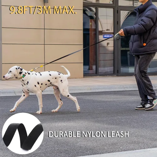 Vista 4 de JSXD Correa retráctil para perro de 360° sin enredos con freno con una sola mano, pausa, bloqueo, cinta de nailon resistente de 10 pies para Negro