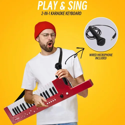 Vista 5 de Teclado de Piano Portátil de 37 Teclas, Juguetes Electrónicos de Karaoke Keytar con Micrófono y Correa de Transporte, 4 Tonos, 4 Ritmos, 10