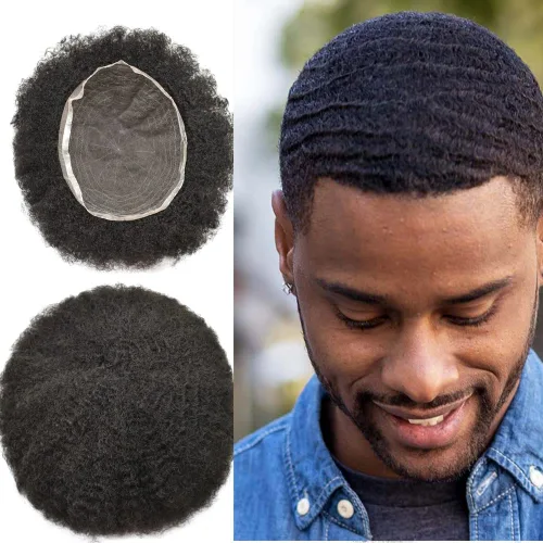 Vista 9 de Afro Toupee Hair Piece para hombres negros Encaje suizo completo Afro Hombres Toupee cabello humano rizado hombres onda unidades de cabello
