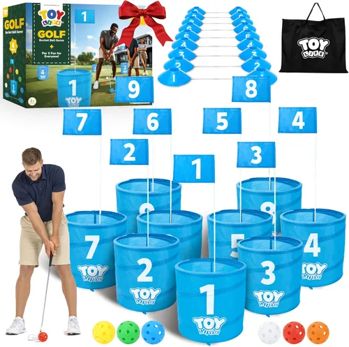 Vista 10 de TOY Life Juego de cubo de golf, juego de golf de 3 agujeros para adultos, familia y niños, campo de golf portátil con pelotas y bandera, juego