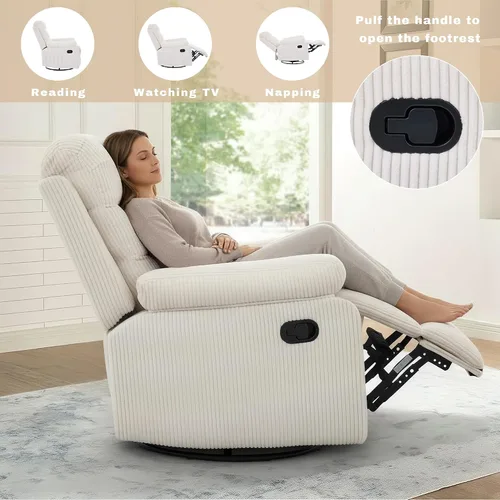 Vista 5 de Silla reclinable mecedora, moderna silla reclinable giratoria, sillón reclinable de tela de pana, sillón reclinable manual para sala de estar