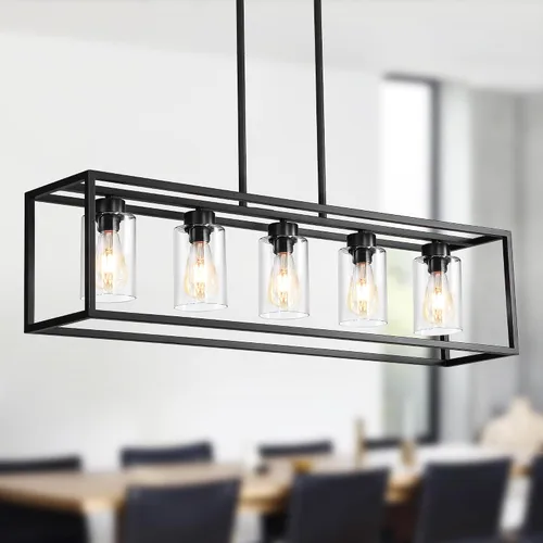 Vista 9 de Lámpara de comedor negra de 5 luces, candelabros modernos de granja, iluminación rectangular lineal para isla de cocina, iluminación colgante
