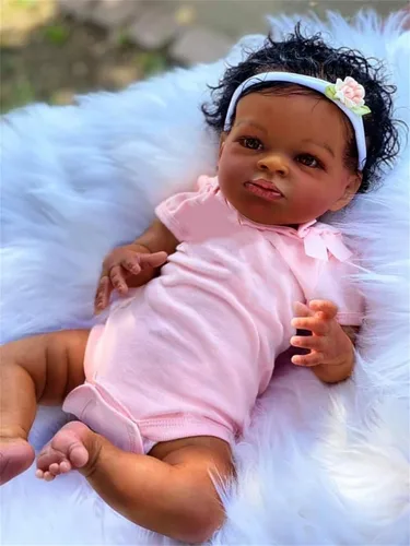 Vista 2 de Muñecas Reborn realistas Black Girl Barato de 20 pulgadas Muñecas de bebé que se ven reales realistas con ojos abiertos afroamericanos de la vida