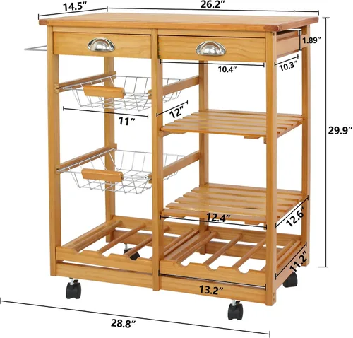 Vista 5 de Carrito de cocina con ruedas de 4 niveles, carrito de almacenamiento de cocina de madera, carrito de microondas con toallero, cajones, estantes